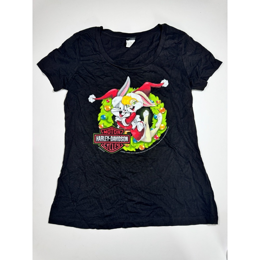 Harley Davidson T Shirt Womens M‎ Black Bugs Bunny Lola Bunny Christmas Wreath